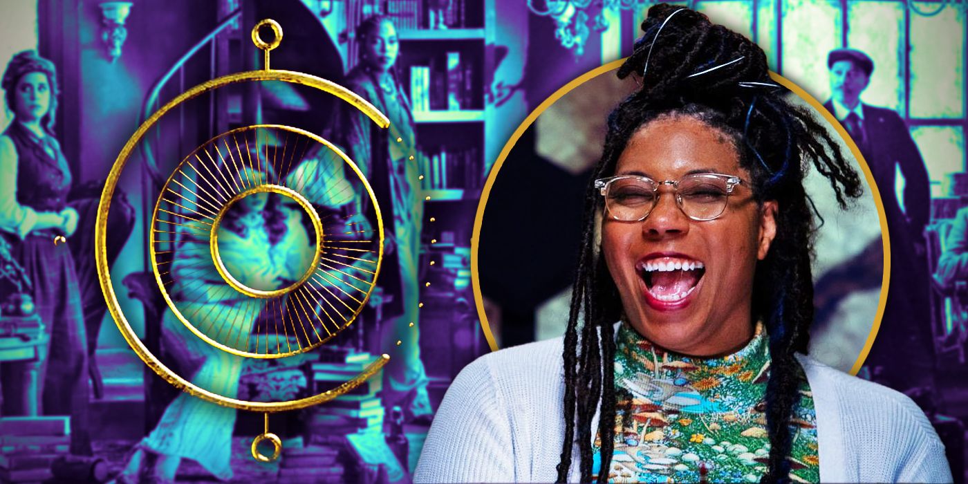 Edited image of Aabria Iyengar laughing in front of cast photo of Candela Obscura