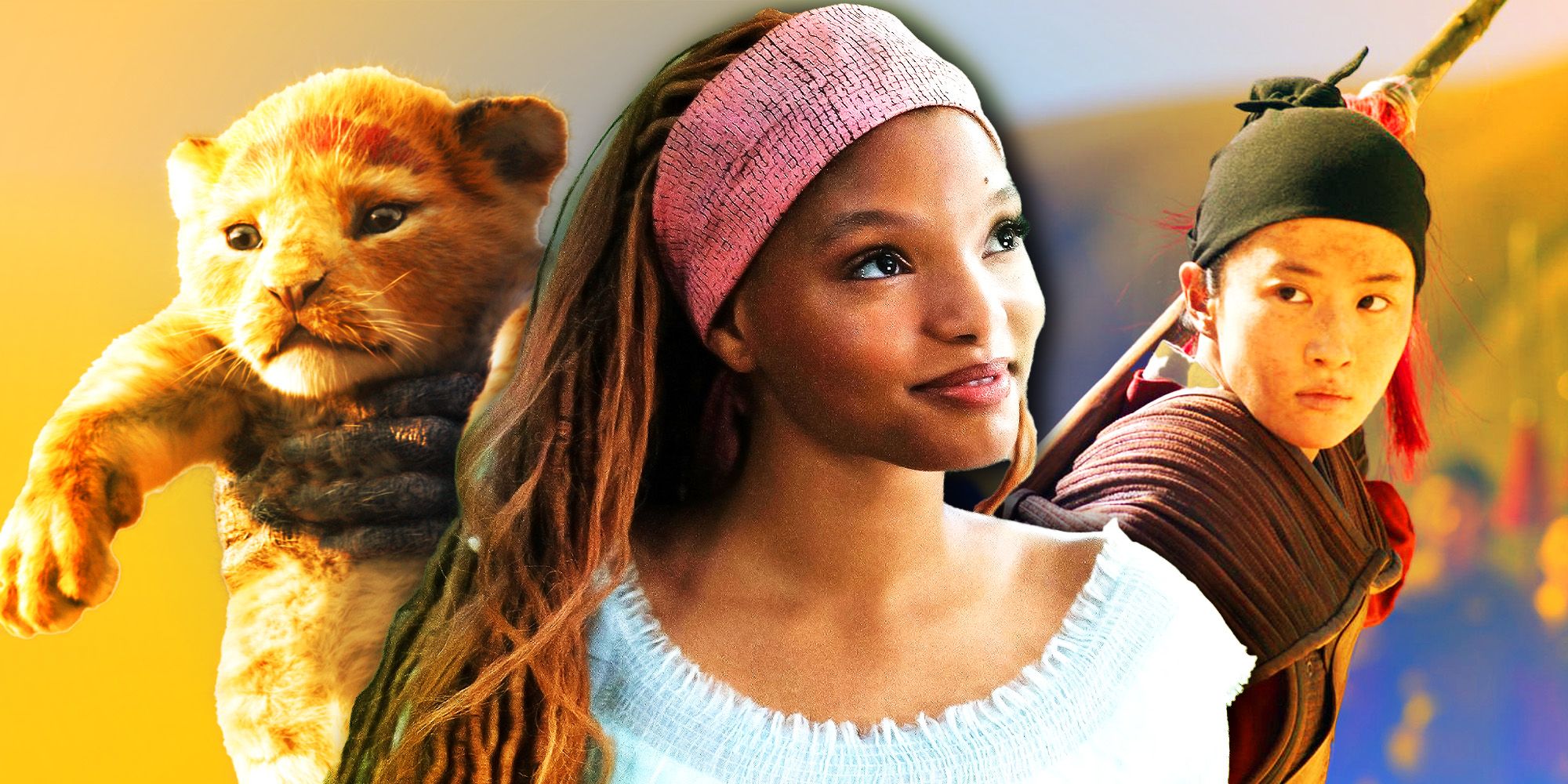 Disney live-action remakes collage: Simba (voice of JD McCrary) from The Lion King, Ariel (Halle Bailey) from Little Mermaid, Mulan (Liu Yifei) from Mulan