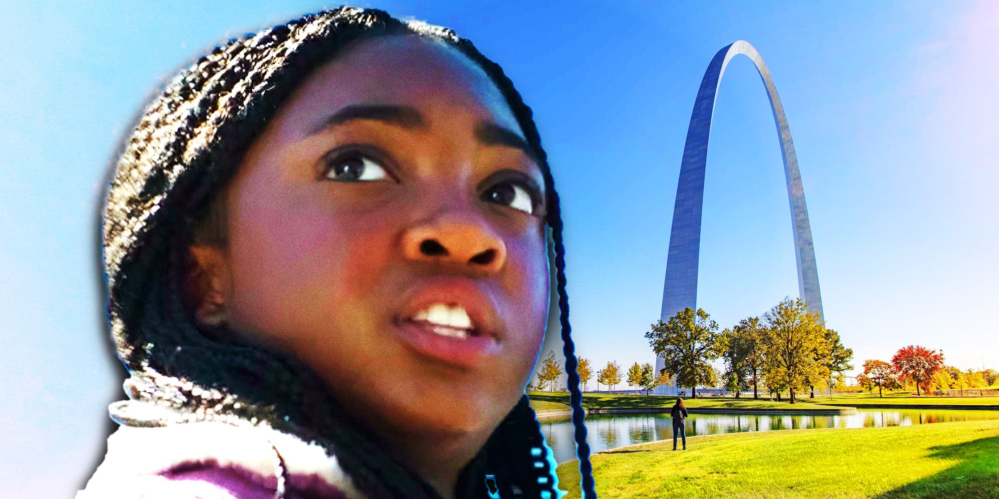 A split image of Leah Jeffries in Percy Jackson & the Olympians and the St. Louis Gateway Arch