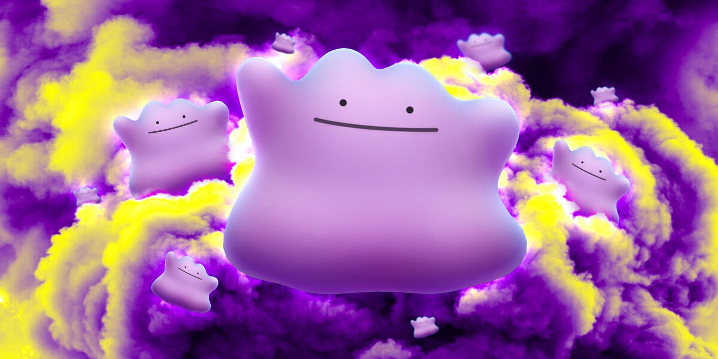 A bunch of Dittos from Pokemon Go floating around in purple clouds