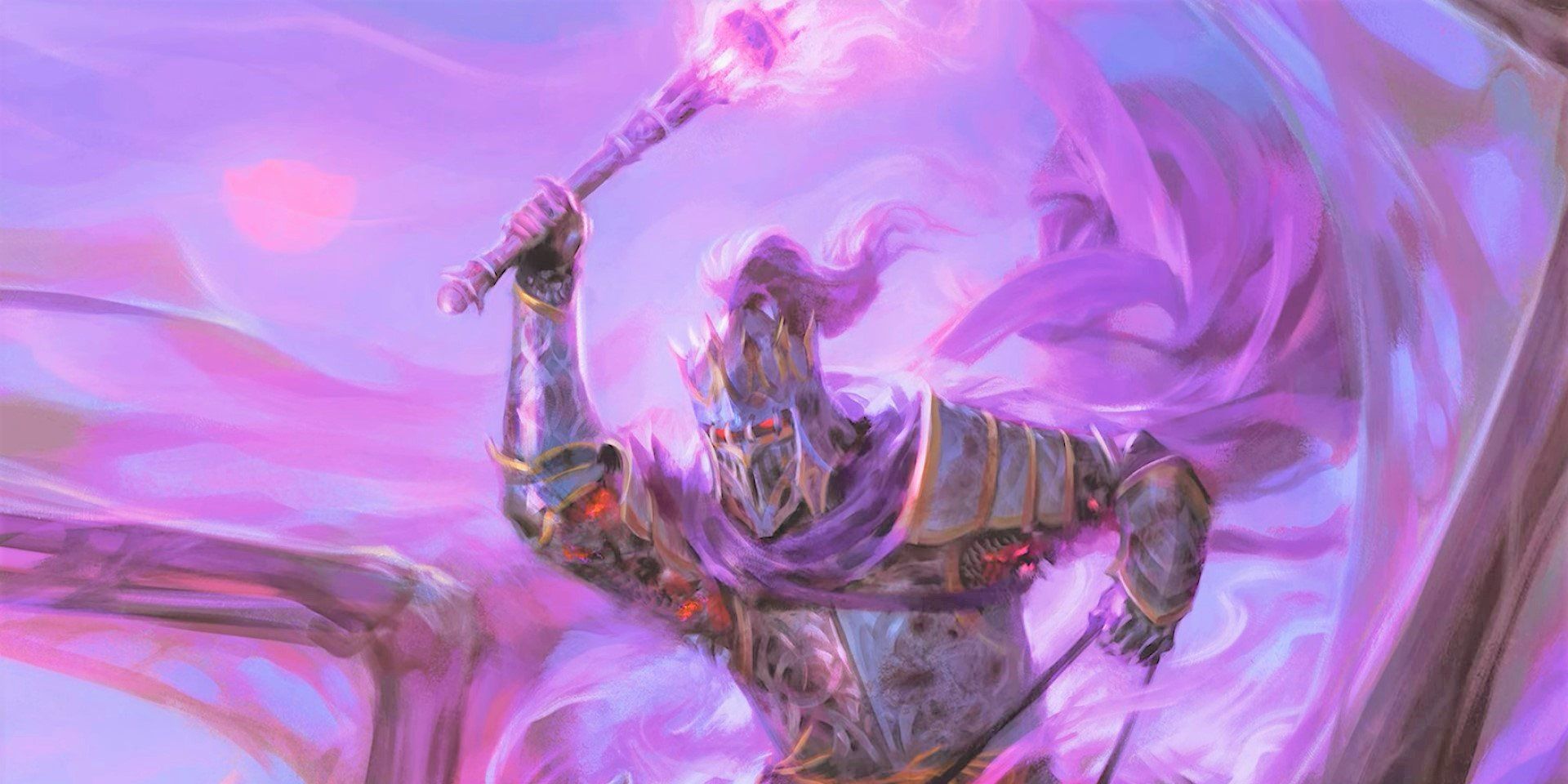 Lord Soth, a knight from the Dragonlance campaign for D&D, navigates purple mist with a torch held aloft.