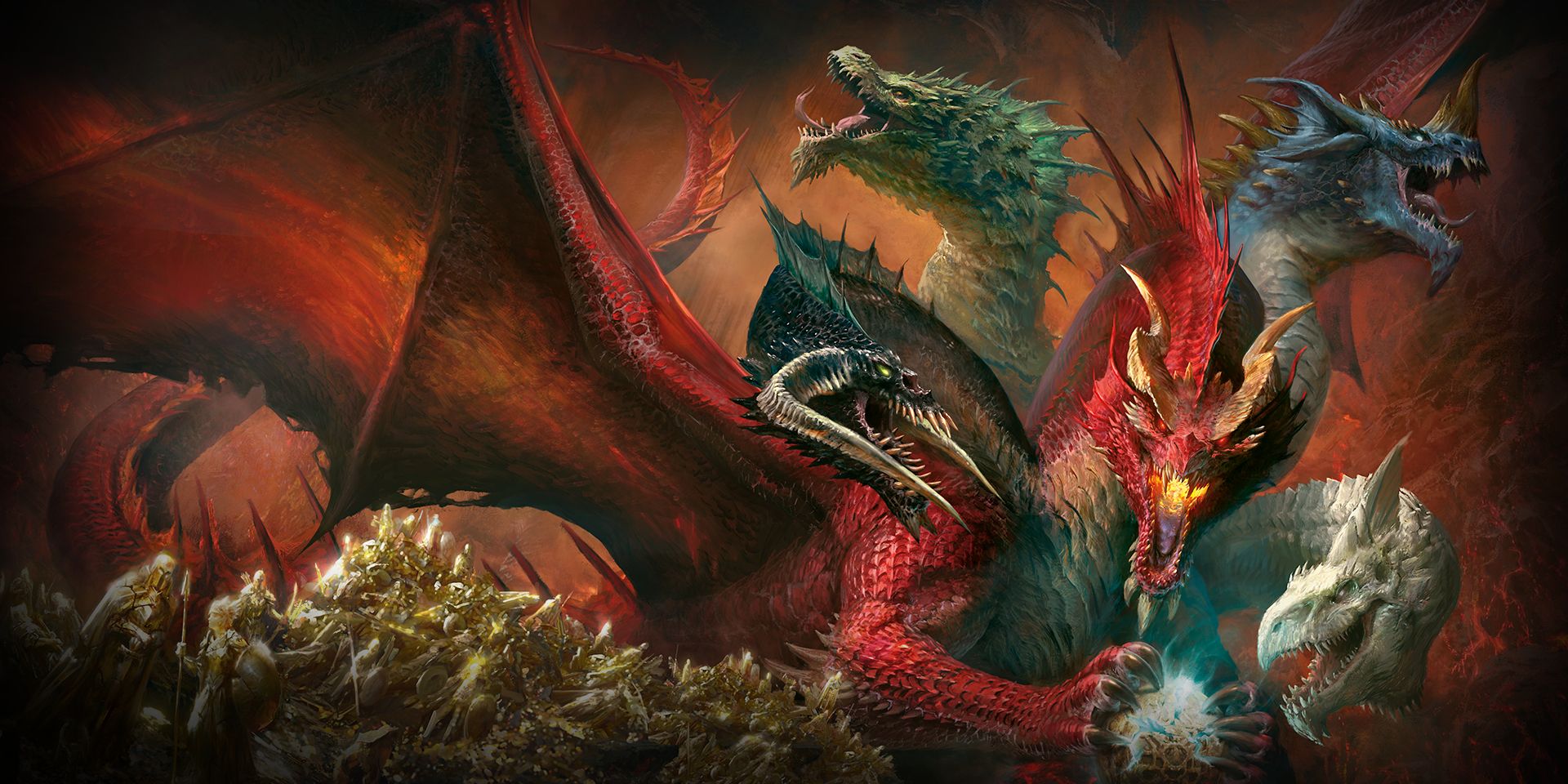 A multi-headed, multi-colored dragon clutching a glowing orb in official art from the D&D campaign Tyranny of Dragons.