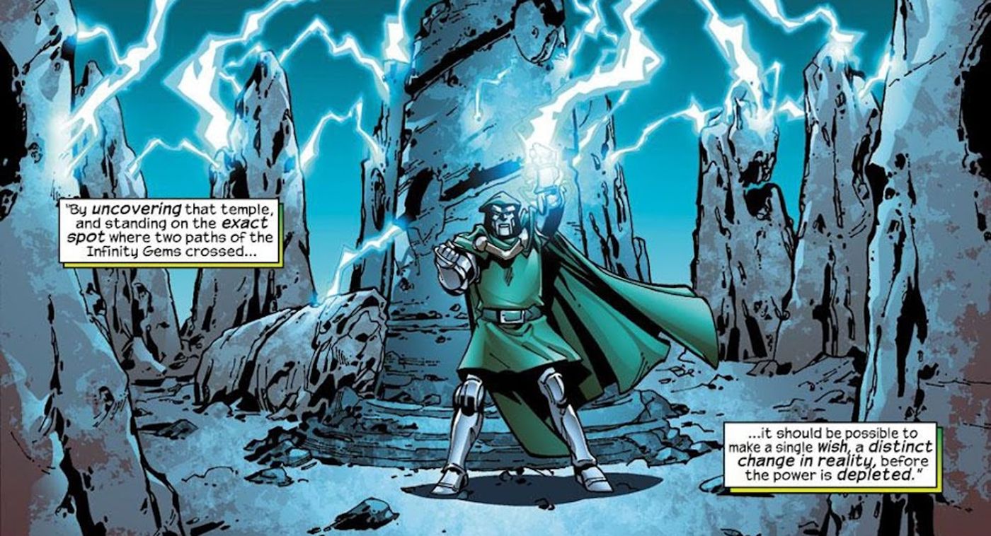 Doctor Doom explains that a powerful wish is possible when standing in the path where two Infinity Gems crossed.