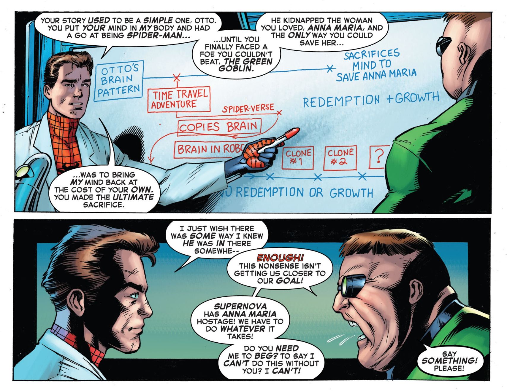 Top panel: Peter Parker, in a lab coat over his Spider-Man costume, describes a convoluted flowchart documenting Doctor Octopus's personal growth across the Marvel timeline. Bottom Panel: Spider-Man and Doctor Octopus face each other, with Doctor Octopus begging for Spider-Man's help to save the kidnapped Anna Maria.