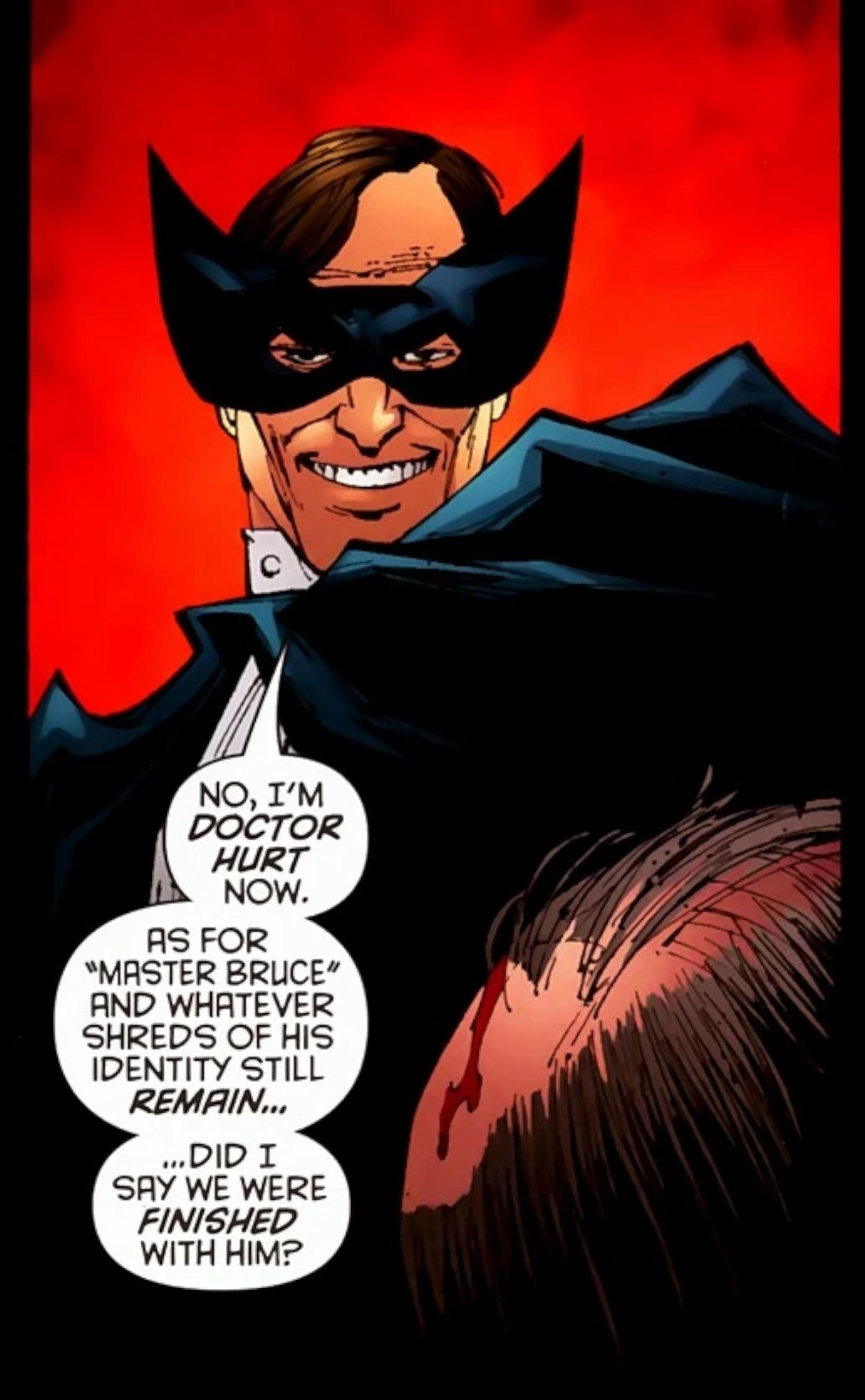 Comic book panel: Doctor Simon Hurt grins down at Alfred, wearing a large black mask.