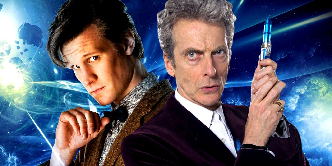 Doctor Who's Matt Smith as the Eleventh Doctor and Peter Capaldi's Twelfth Doctor in front of blue starry background