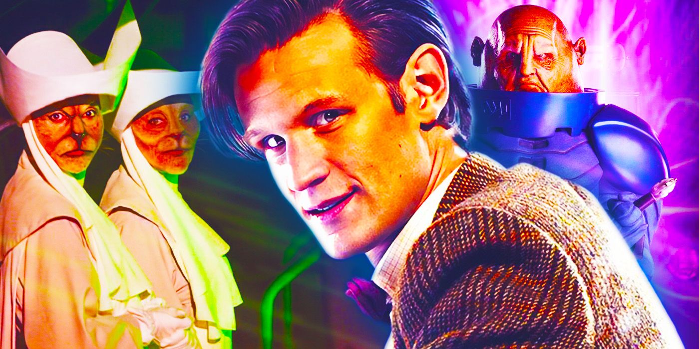 Doctor Who collage of forgotten episodes with cat nurses, Matt Smith as Eleven, and a Sontaran