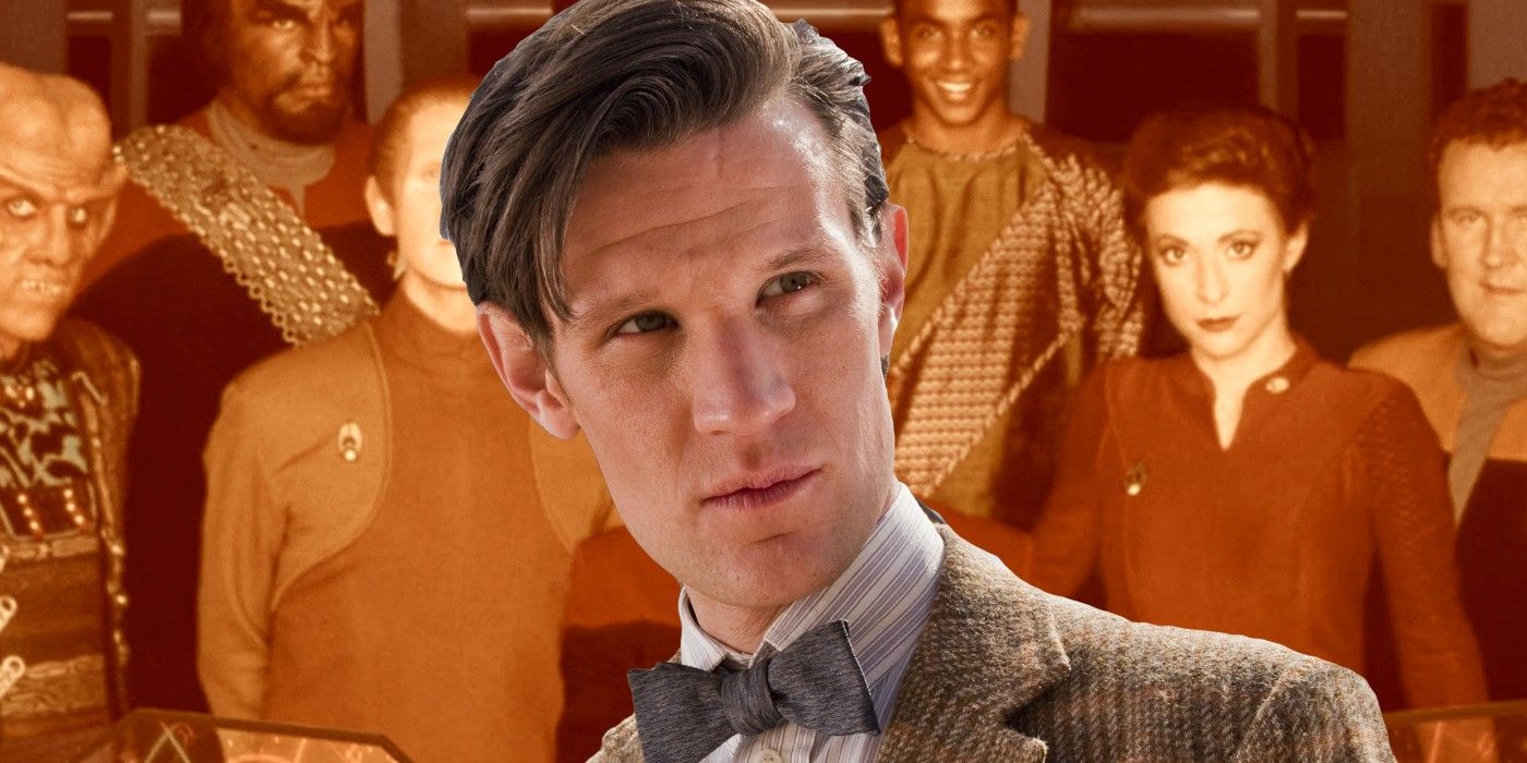 Image of the Deep Space Nine crew in the background with Matt Smith's 11th Doctor in the foreground.
