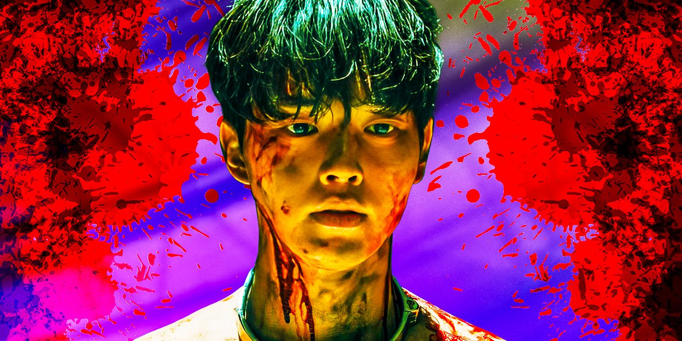 Uma imagem personalizada com Hyun-su do Sweet Home na frente de um fundo azul e vermelho cheio de sangue