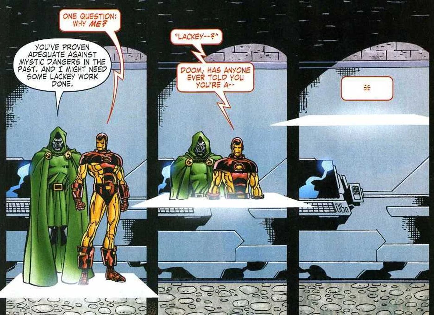 Doctor Doom offers Iron Man a lackey position before they&rsquo;re transported away.