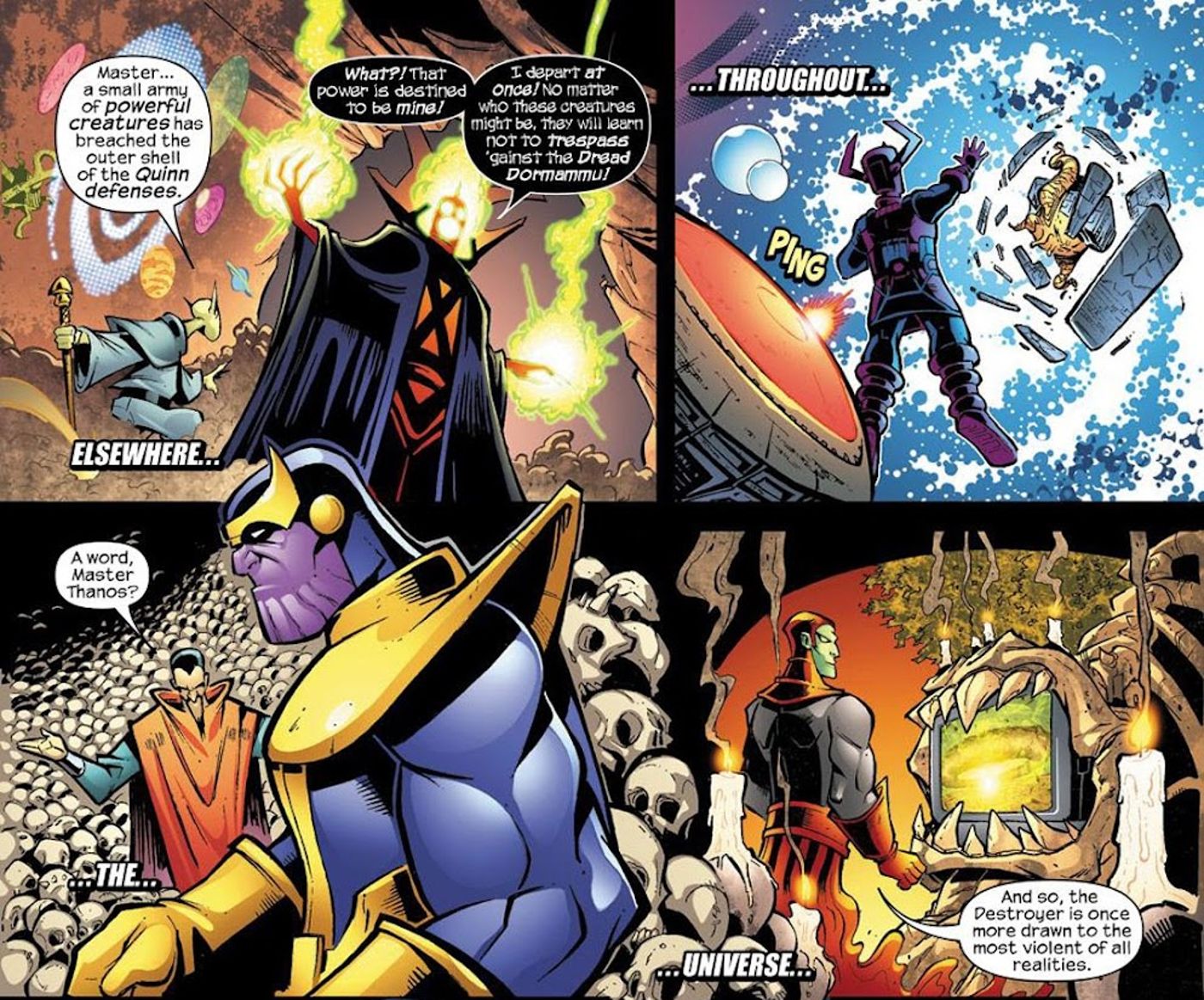 Dormammu, Thanos, and Galactus leave to thwart Doctor Doom from breeching Quinn's cell.