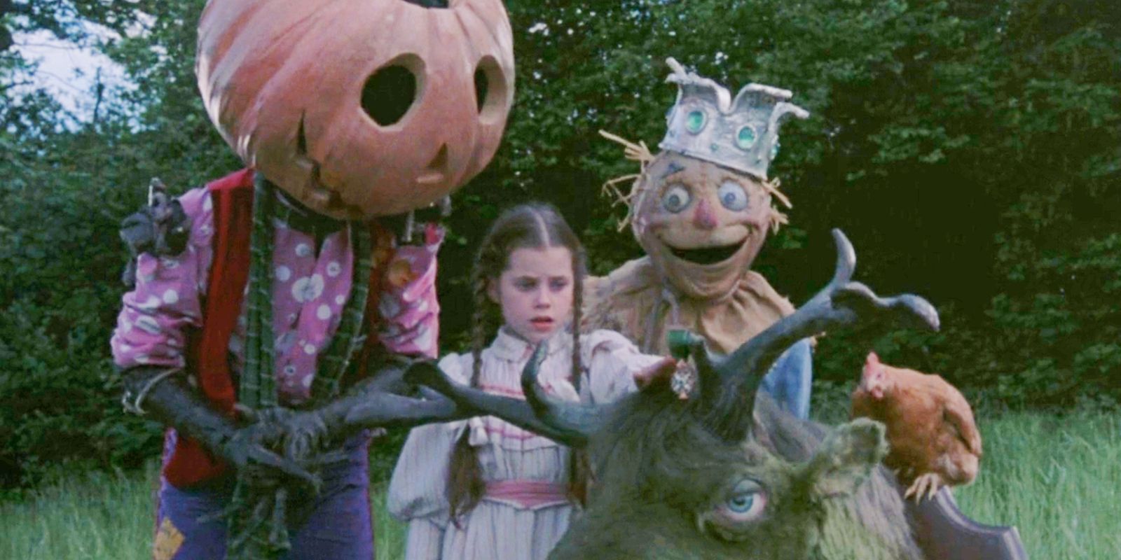 Dorothy com Jack Pumpkinhead, Espantalho e dois animais em Return to Oz
