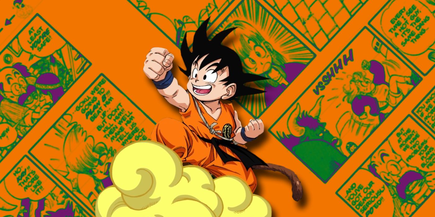 Dragon Ball: Goku on the Nimbus in front of manga panels