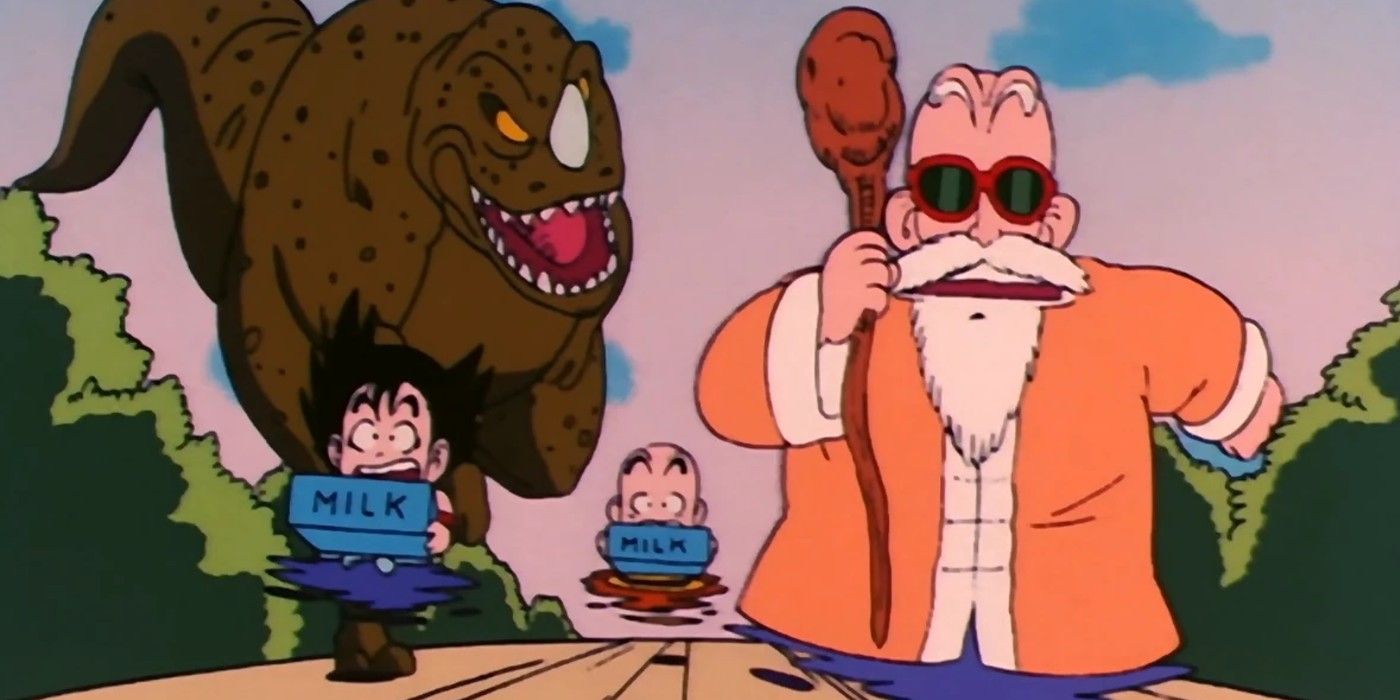 Dragon ball master Roshi Training Crillin and Goku also has a dinosaur