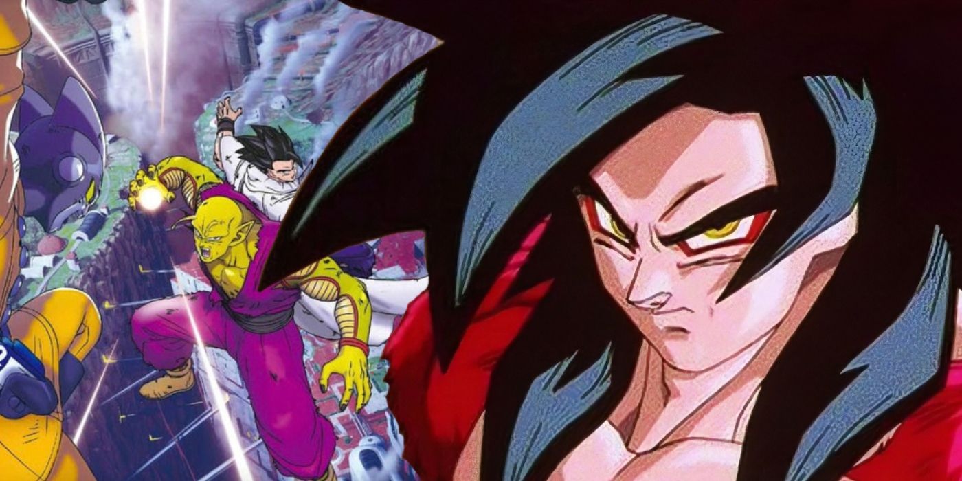 Piccolo and Gohan behind Super Saiyan 4 Goku.