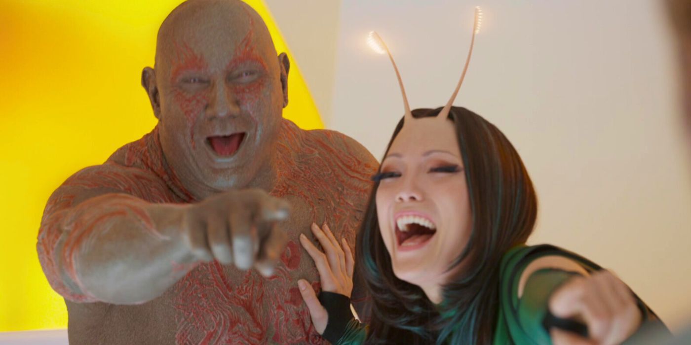 Drax (Dave Bautista) and Mantis (Pom Klementieff) point and laugh at Quill in Guardians of the Galaxy Vol 2
