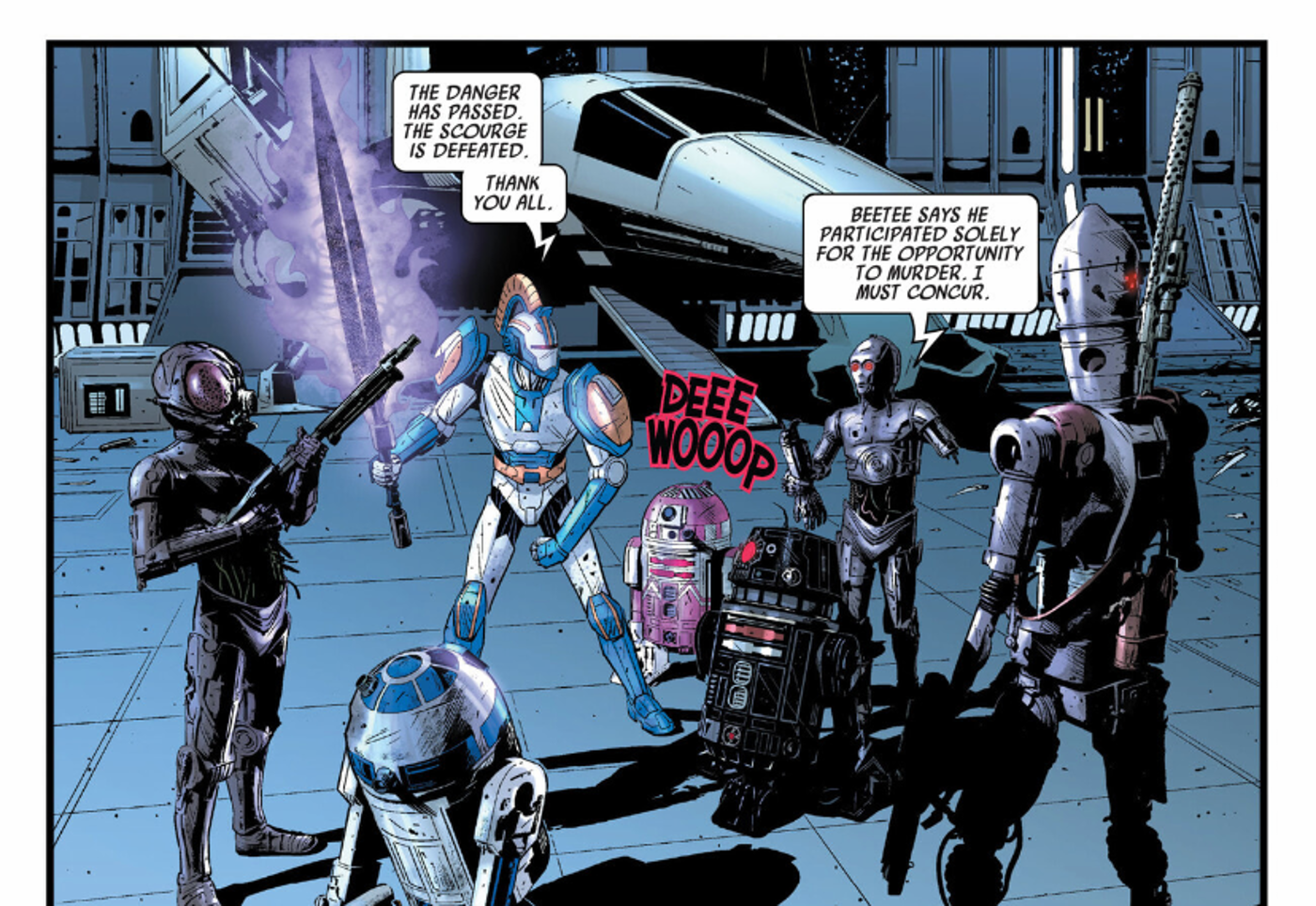 Dark Droids #5, Ajax Sigma, wielding his sword, with his droid allies in the aftermath of the Scourge&rsquo;s defeat