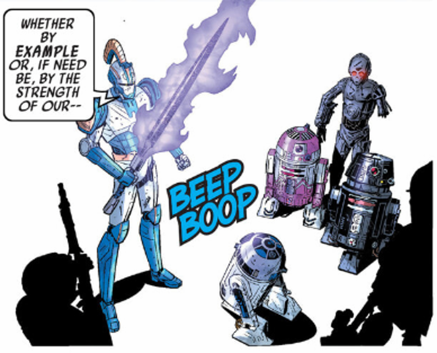Dark Droids #5, Ajax Sigma, holding his sword, is confronted by R2-D2