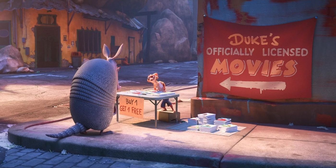 Duke Weaselton vendendo DVDs piratas para um tatu em Zootopia.