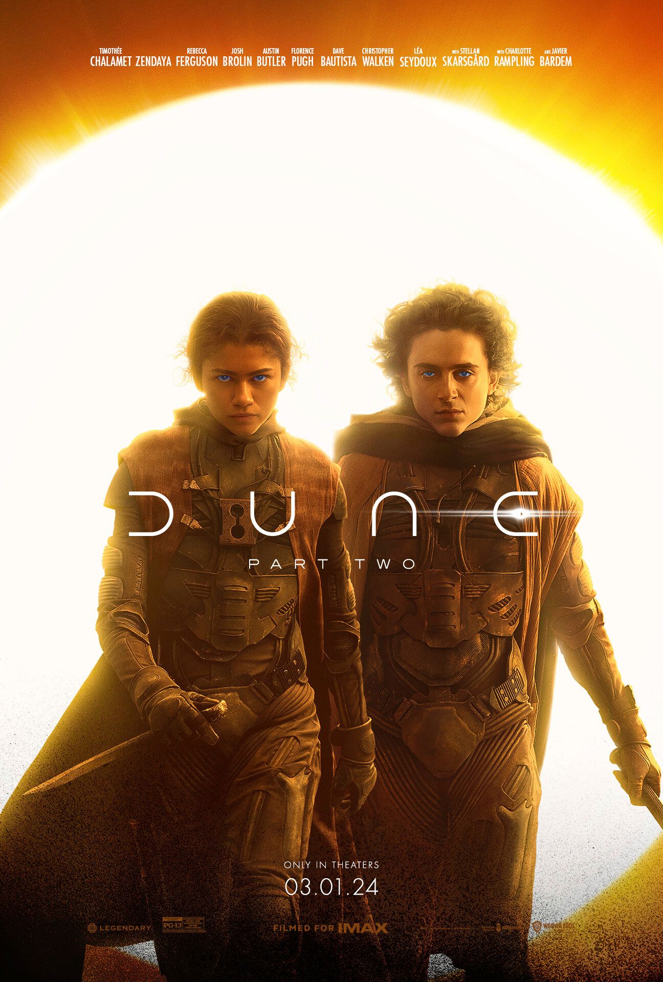 Dune Part 2 Poster Showing Timothee Chalamet as Paul Atreides and Zendaya as Chani Holding Daggers