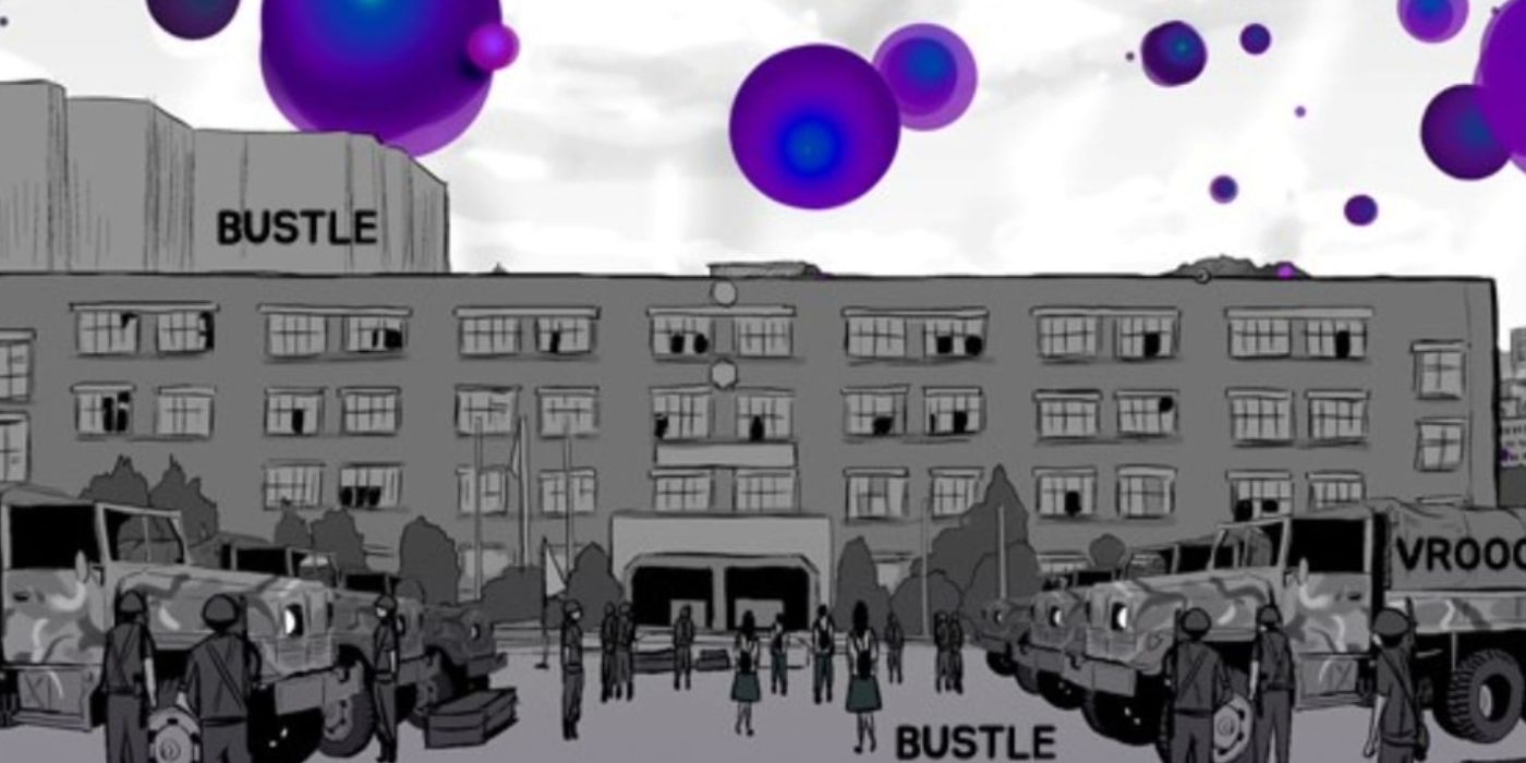 Duty After School manhwa school surrounded by military trucks with purple orbs floating in the sky
