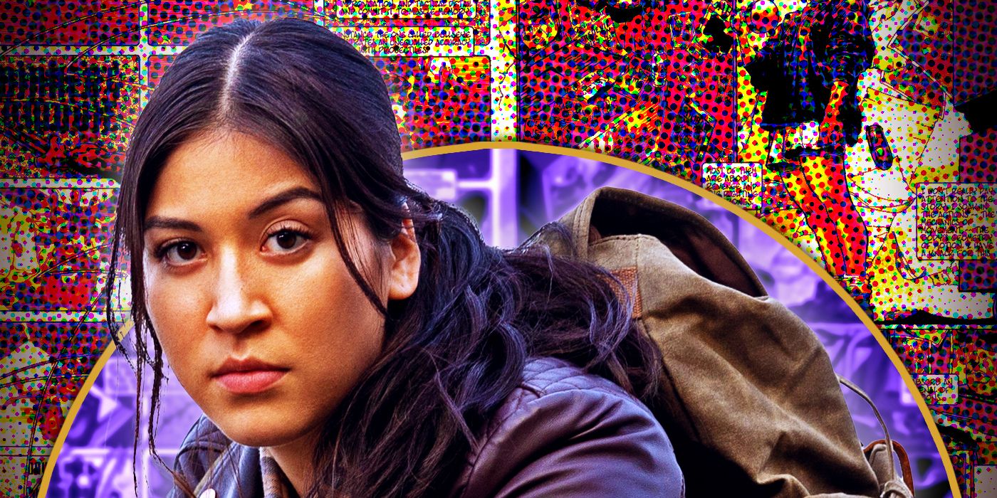 Edited image of Alaqua Cox in Echo in front of blurred Marvel comics panels
