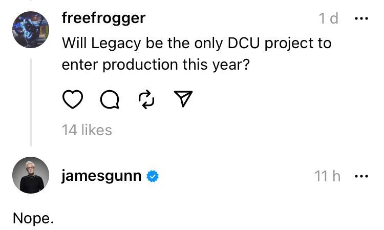 No Threads, Gunn revelou que Superman: Legacy não é o único projeto DCU a ser filmado em 2024