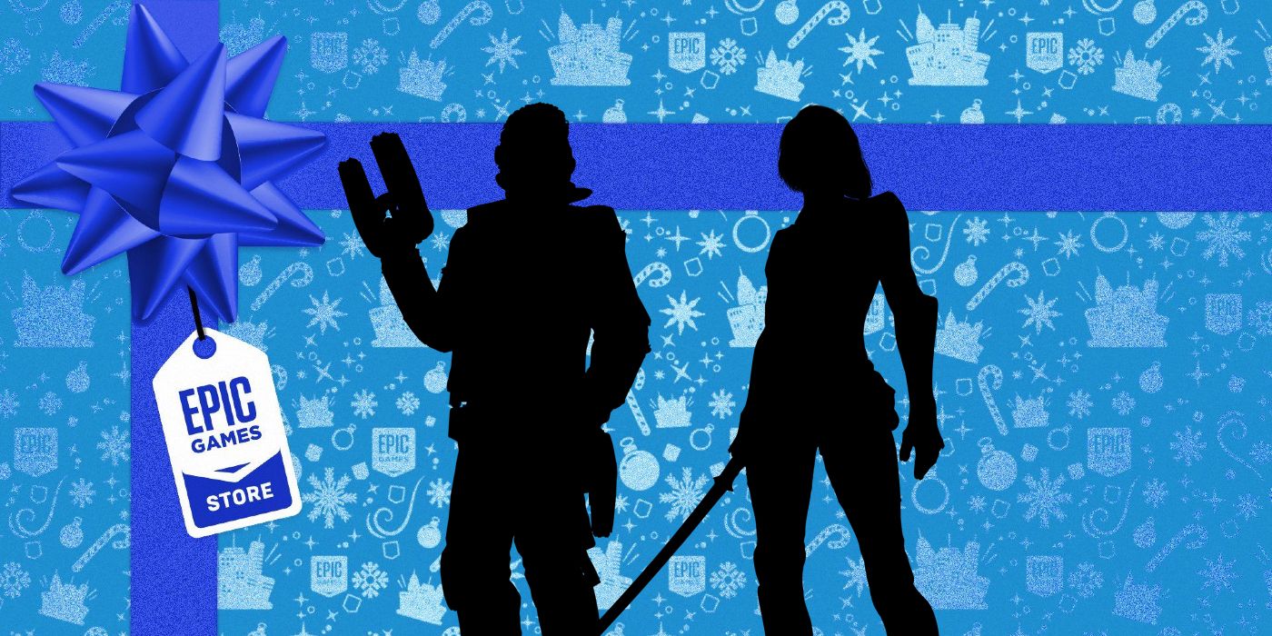 The silhouettes of two people, one holding a strangely shaped gun, the other a katana, standing in front of a background that looks like a wrapped present. Attached to the background’s bow is a tag that reads,