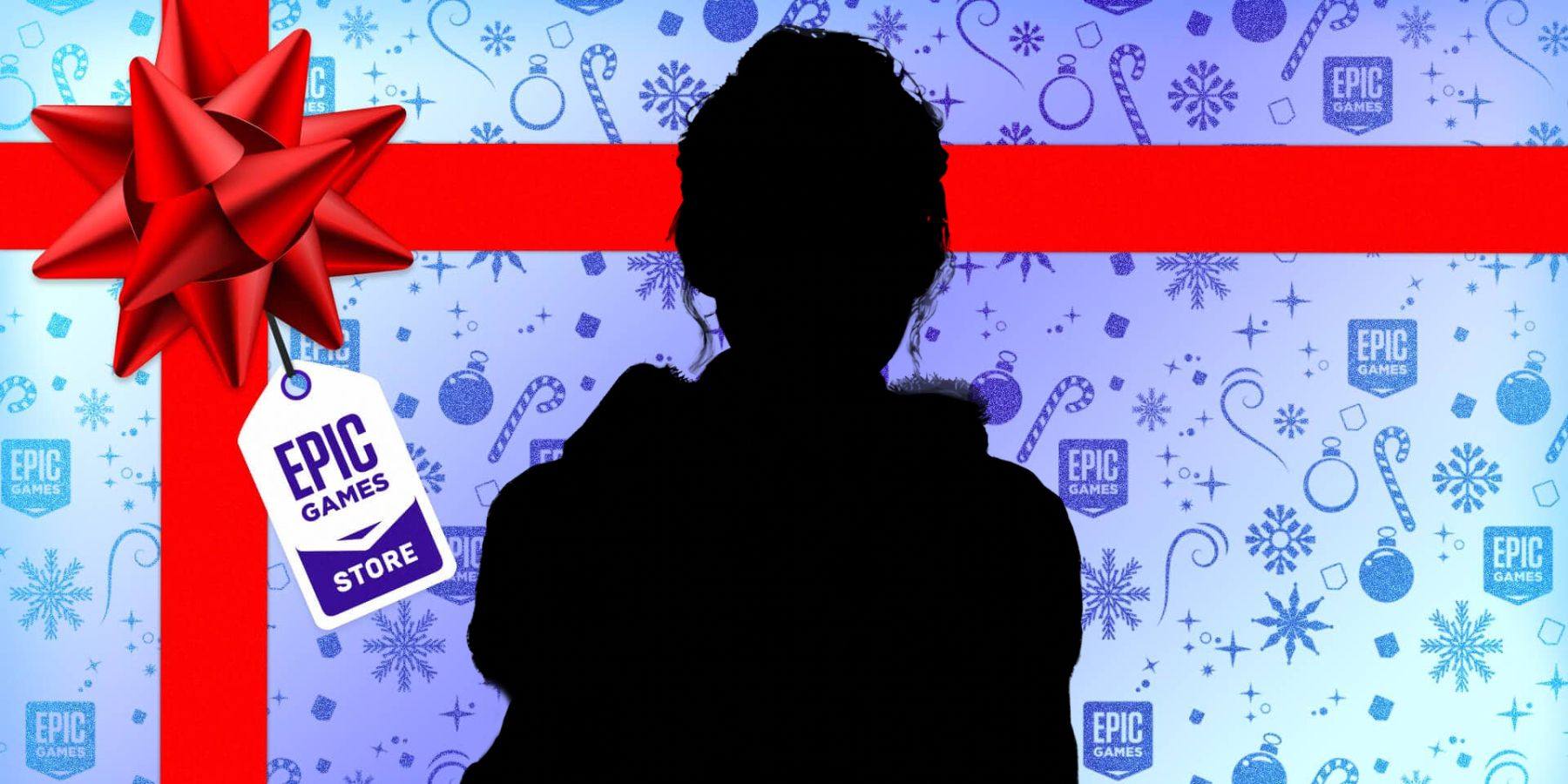 A silhouette of someone with tied-up hair on a background that looks like a wrapped present. Attached to the bow on the background is a tag that reads, 