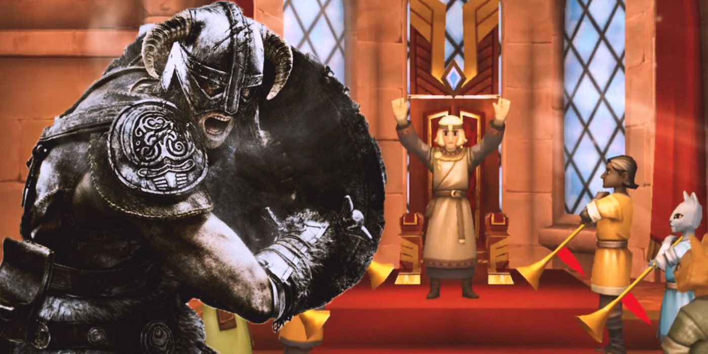 Elder Scrolls Viking screaming with a king standing in front of his throne. 