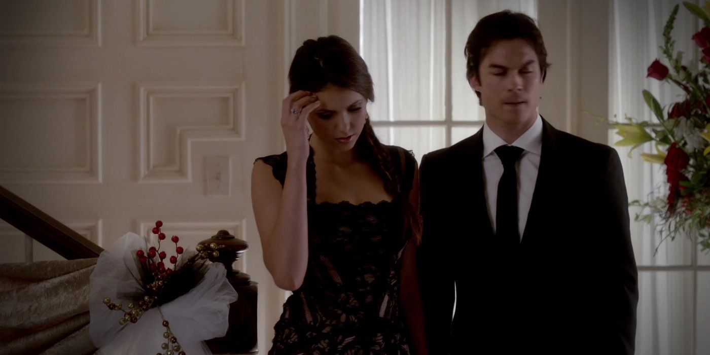Elena walking with Damon in Vampire Diaries