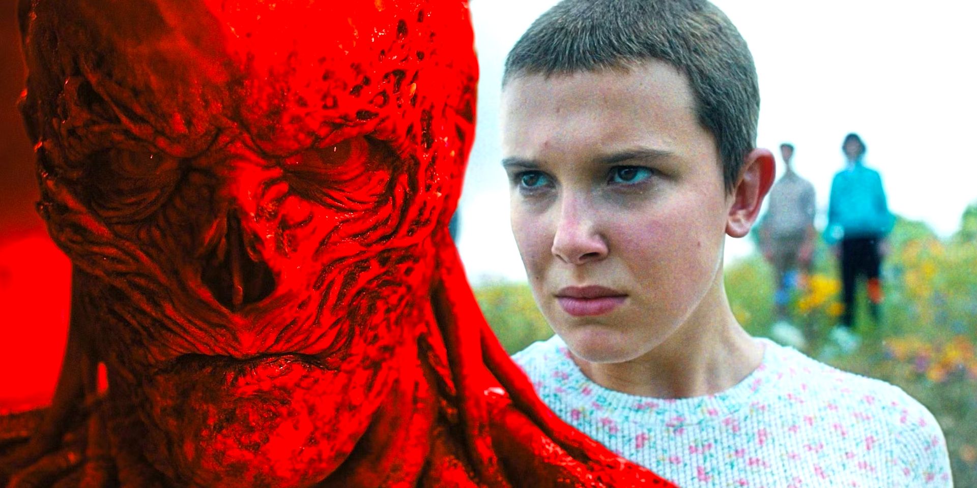 Vecna red and looking angry and Eleven looking determined in Stranger Things season 4.