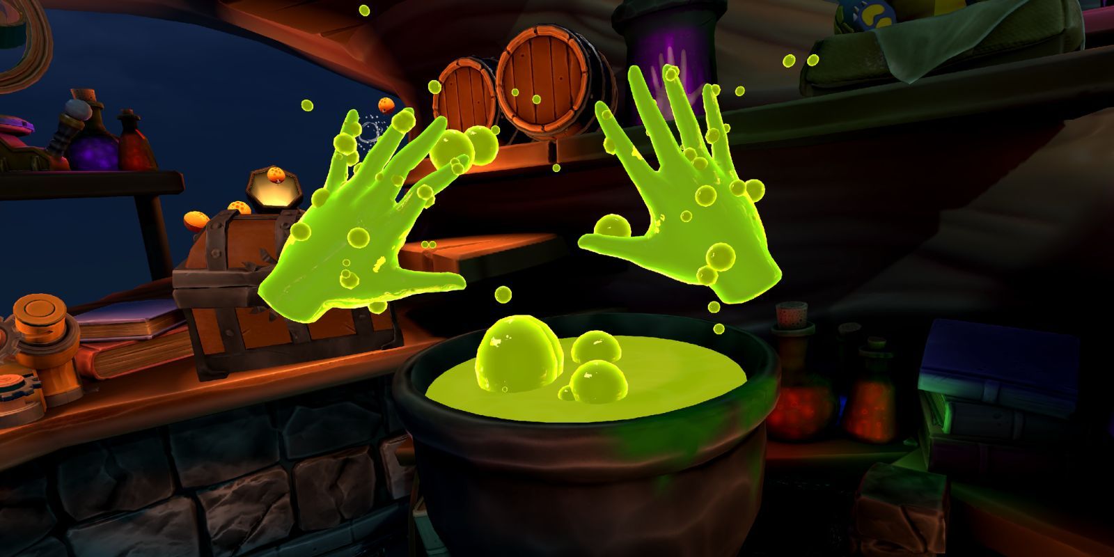 Elixir VR game with a witches cauldron and the players hands are glowing bubbly green