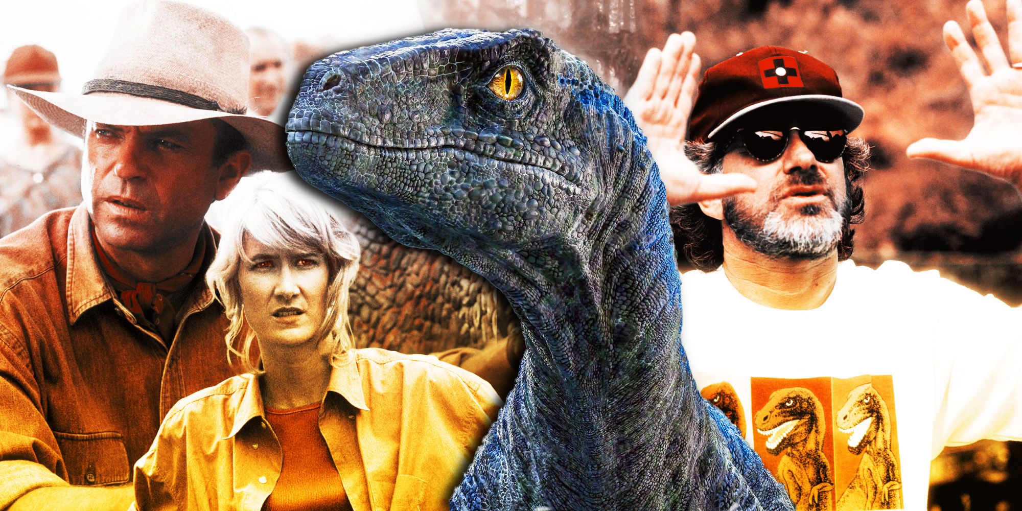 Alan Grant and Ellie Sattler from Jurassic Park, Blue from Jurassic World, and Steven Spielberg directing Jurassic Park