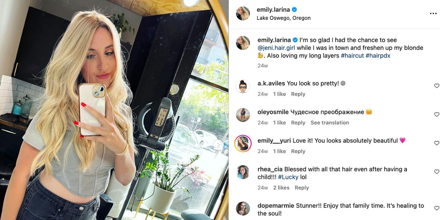 Emily Larina from 90 Day Fiance showing her new hair on Instagram