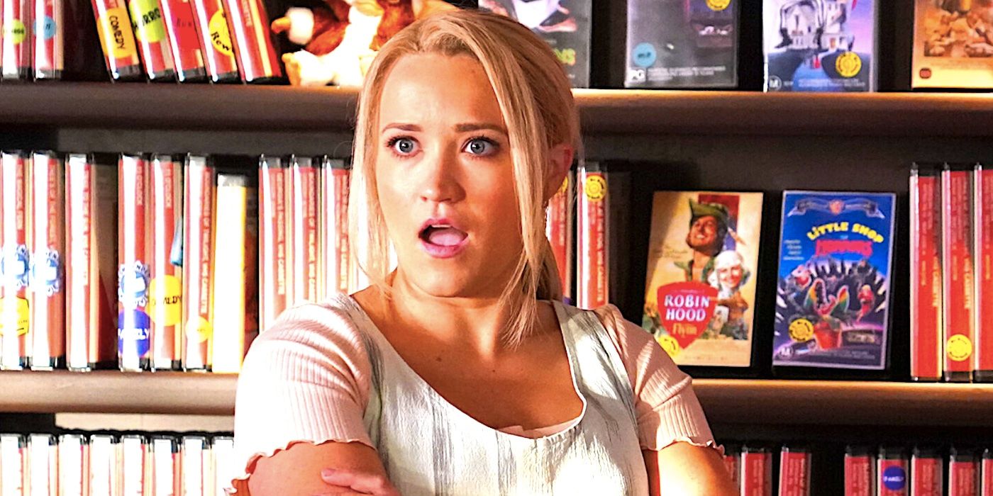 Emily Osment’s Mandy stares shocked at the video store counter in Young Sheldon