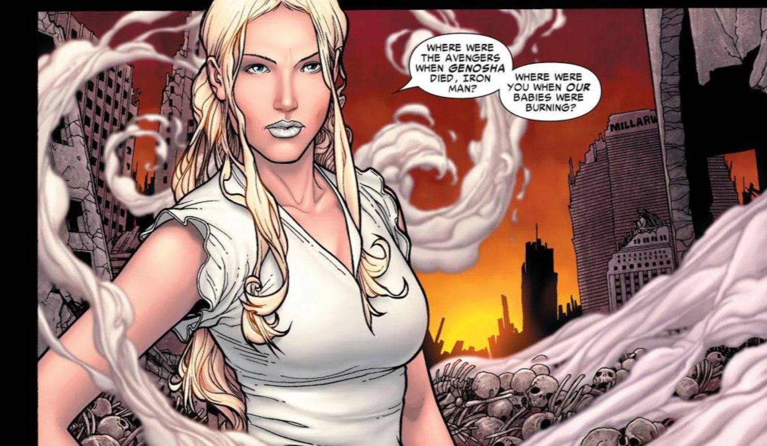 Emma Frost critica o Homem de Ferro por ignorar a tragédia da destruição de Genosha