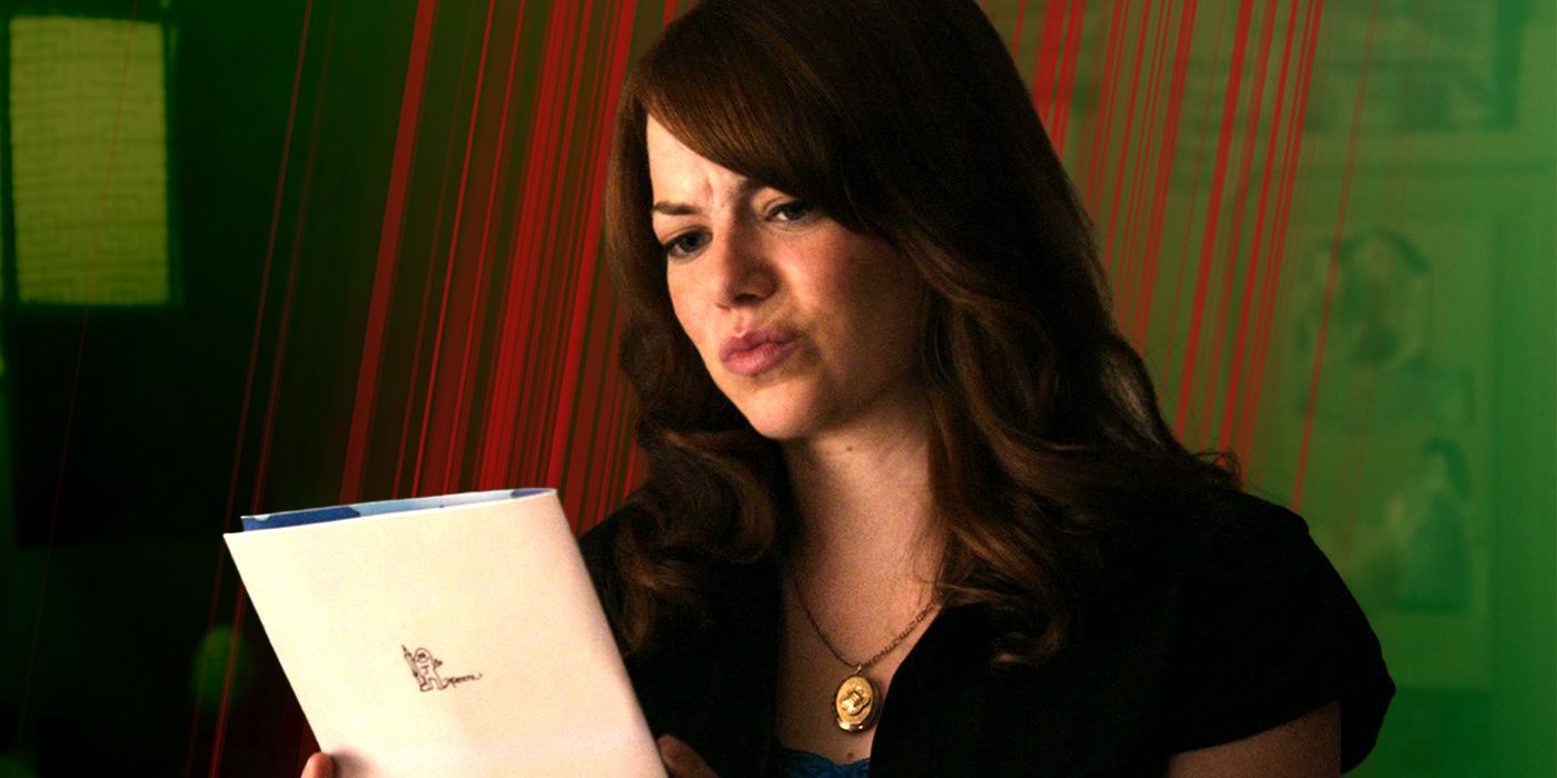 Emma Stone looking disapprovingly at card in Easy A