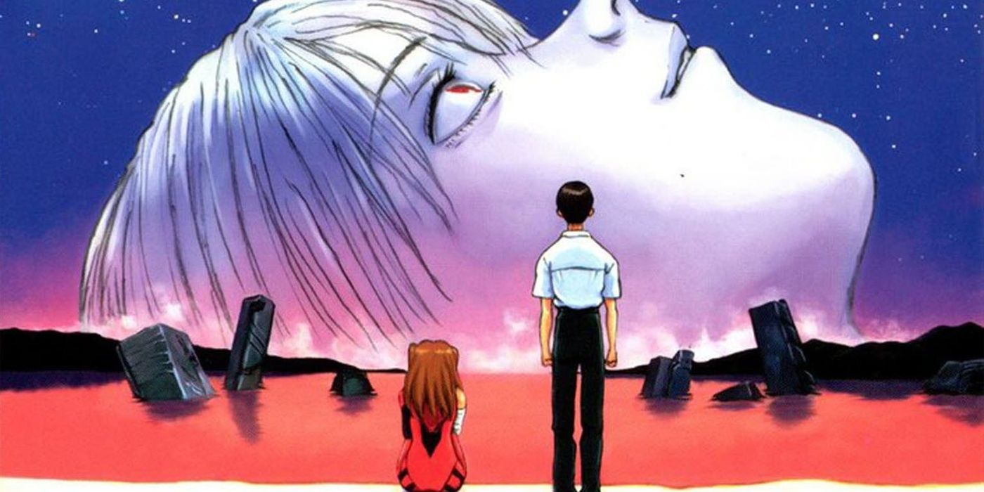 End of Evangelion box art featuring Asuka and Shinji looking at giant Rei.
