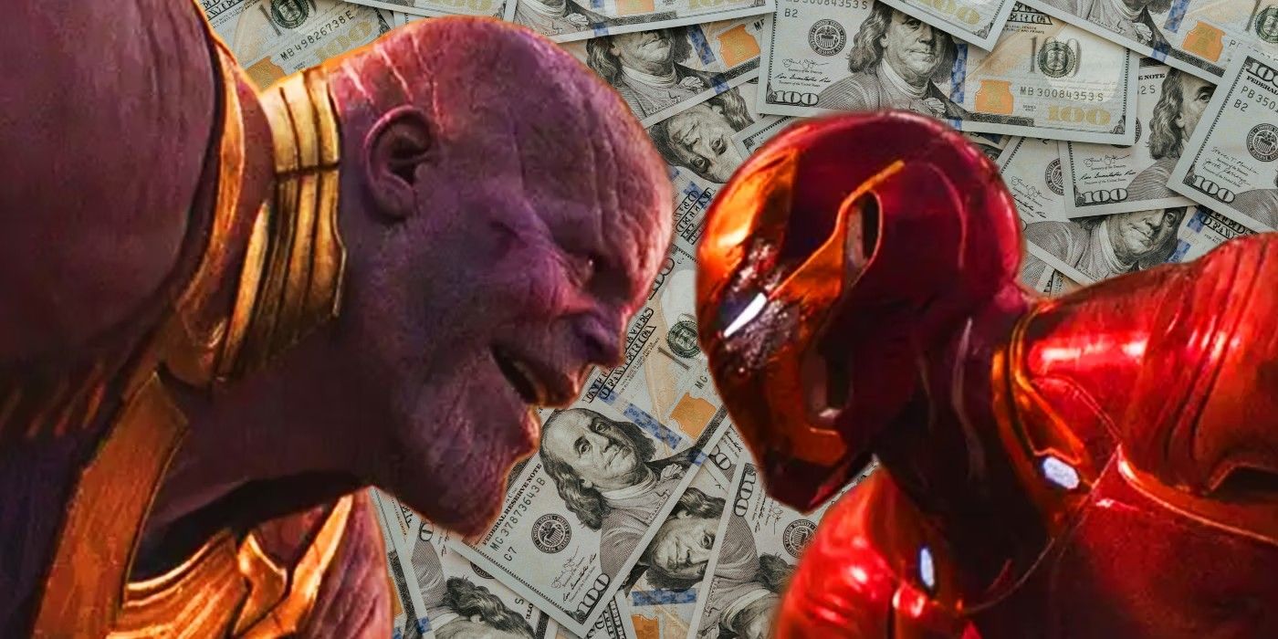 Thanos and Iron Man facing off against each other in front of a pile of money.