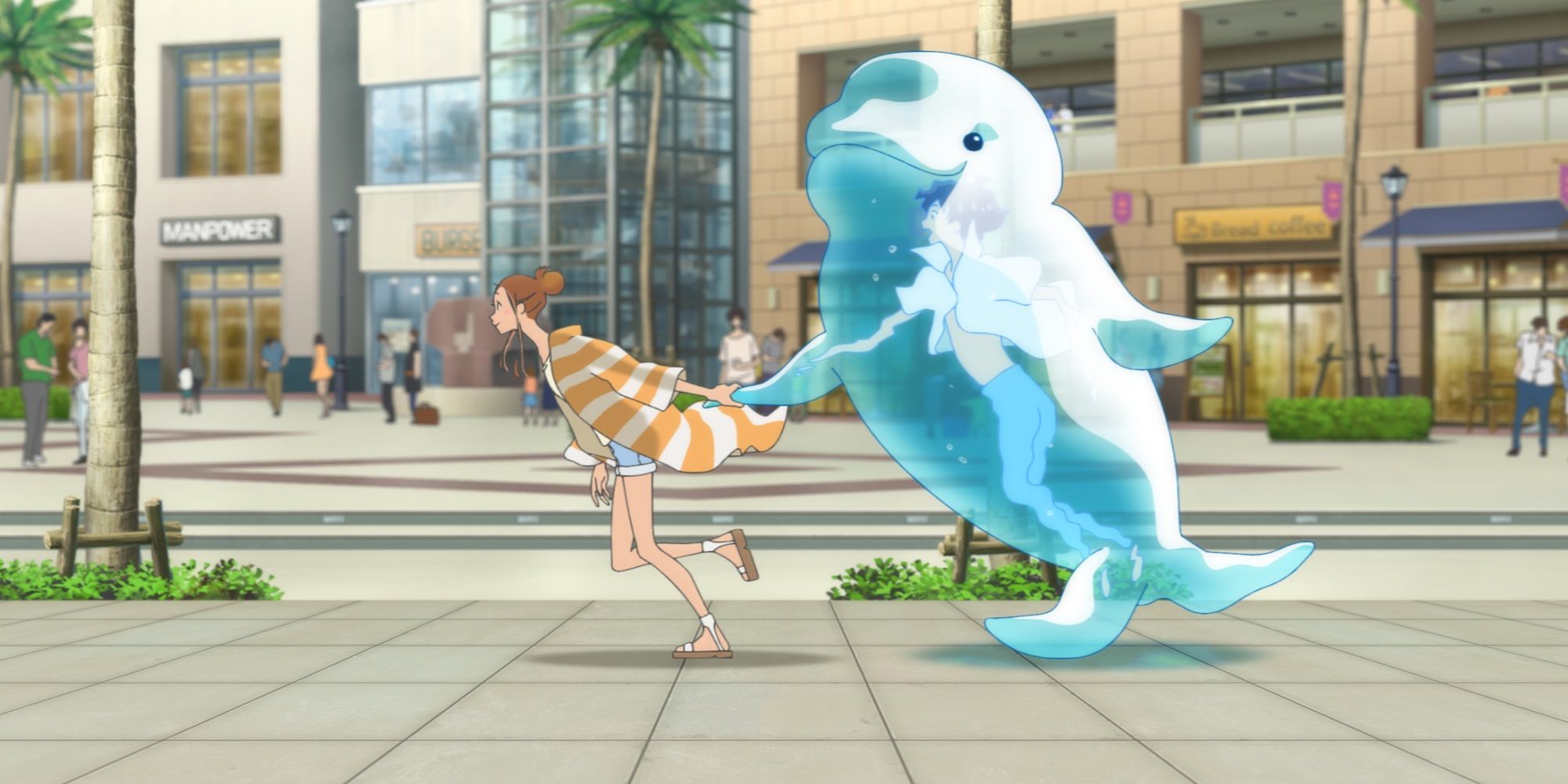 Ride Your Wave's main character running through the street with an inflatable manatee.