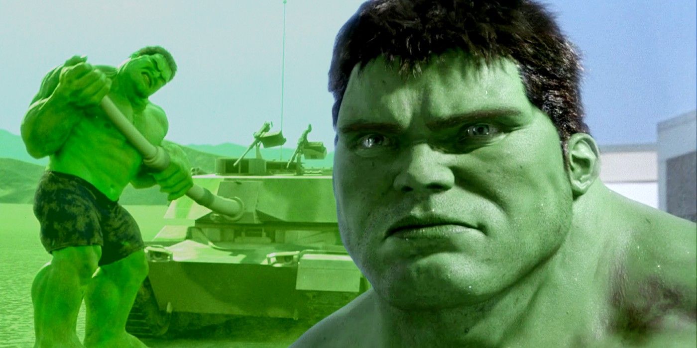Eric Bana's Hulk looking serious in front of Hulk fighting a tank in Hulk