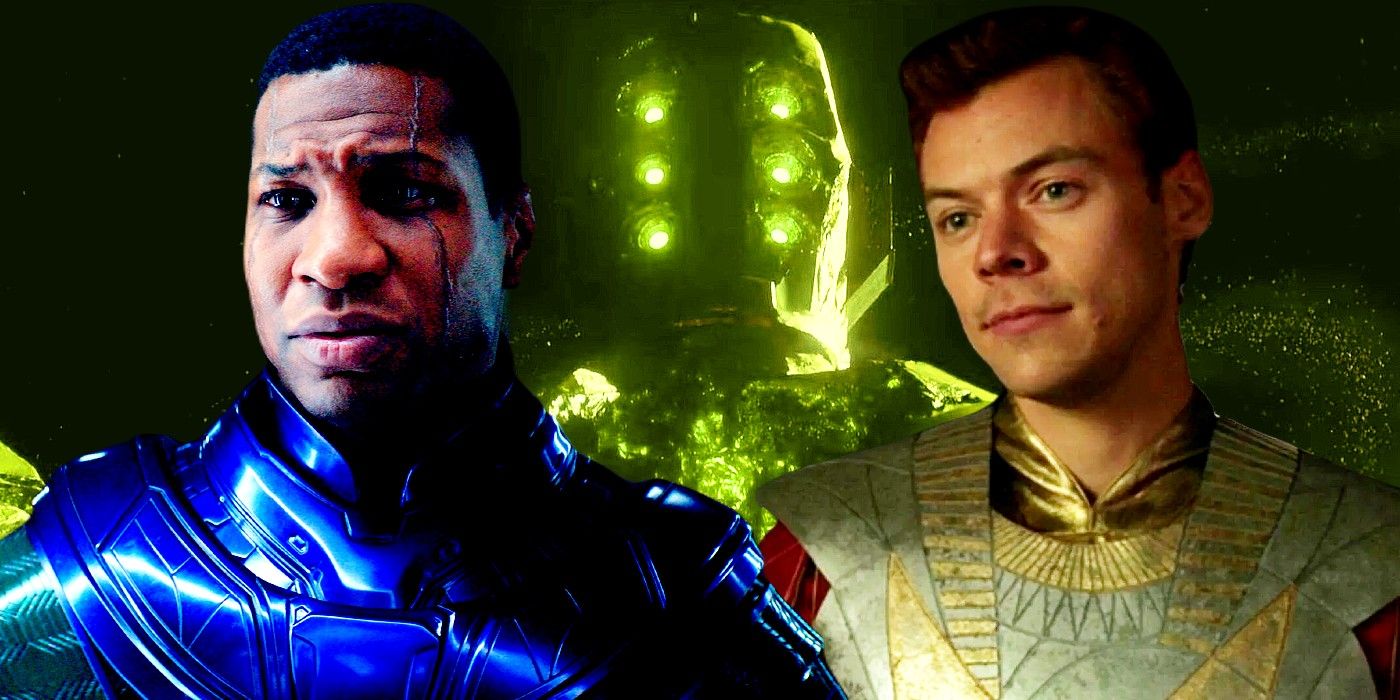 Eternals 2 villain, blended image with Jonathan Majors as Kang, Harry Styles as Eros and Arishem