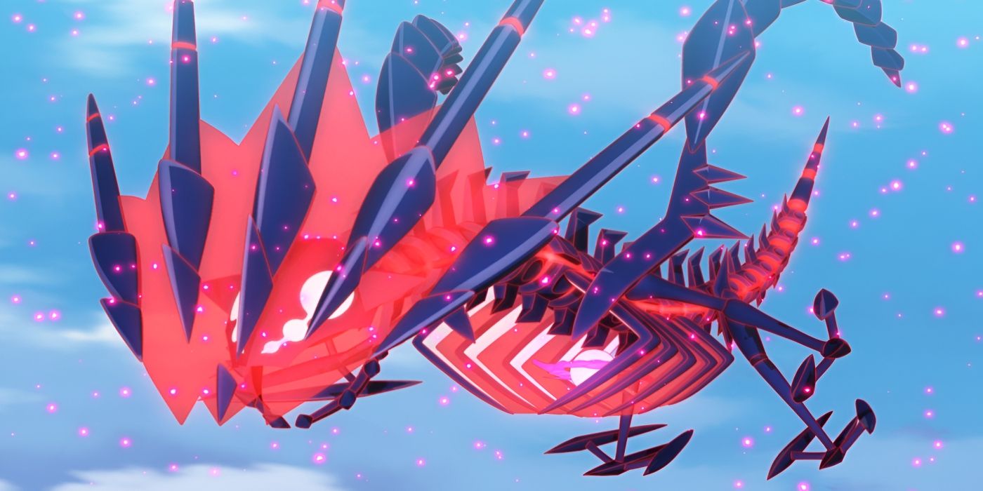 A red dragon-like creature with black spikes flies in the air surrounded by red particles.