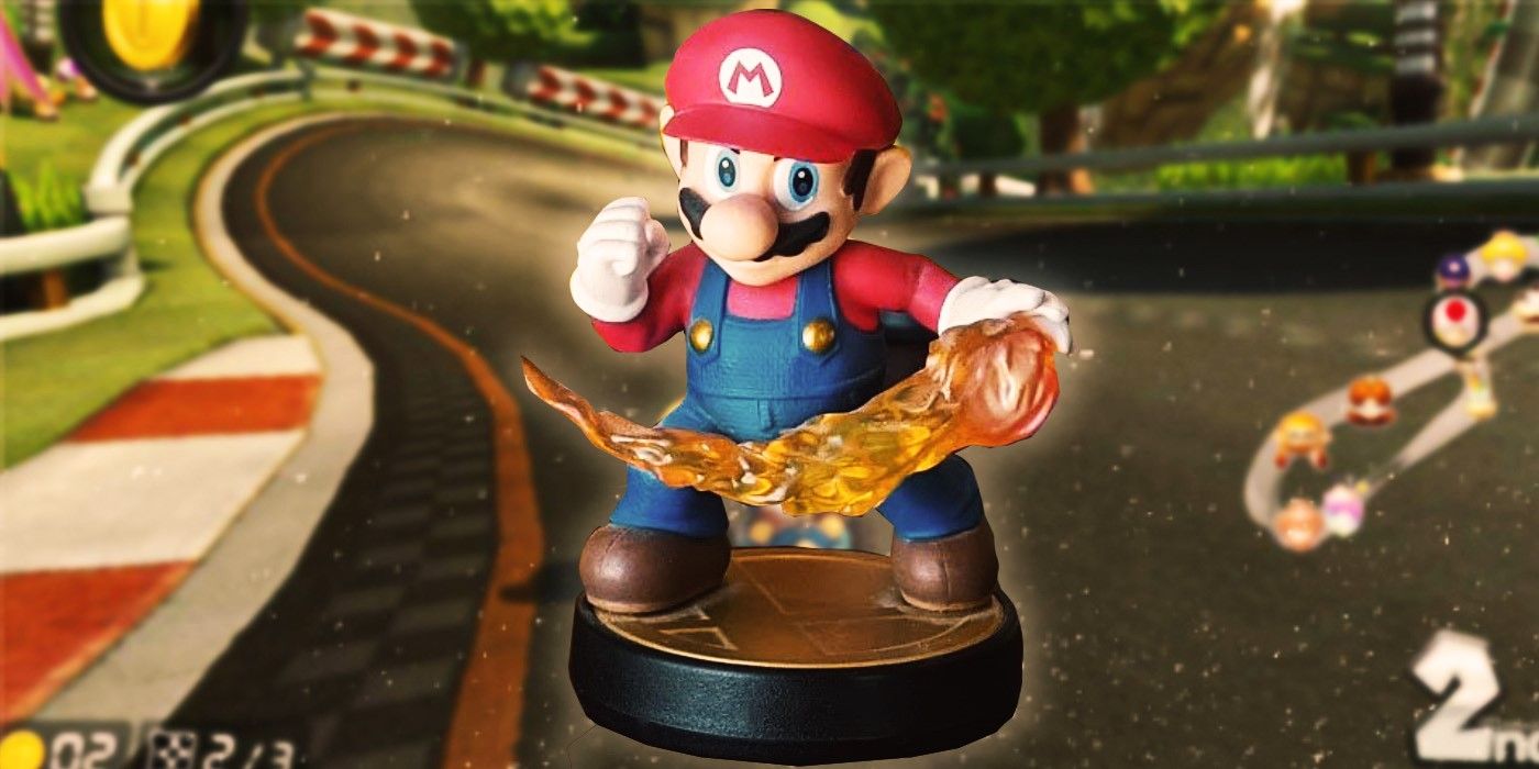 A Mario Amiibo set in front of a race track from Mario Kart 8