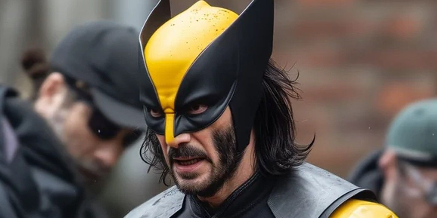 Fan art de Keanu Reeves como Wolverine com um terno preto e amarelo