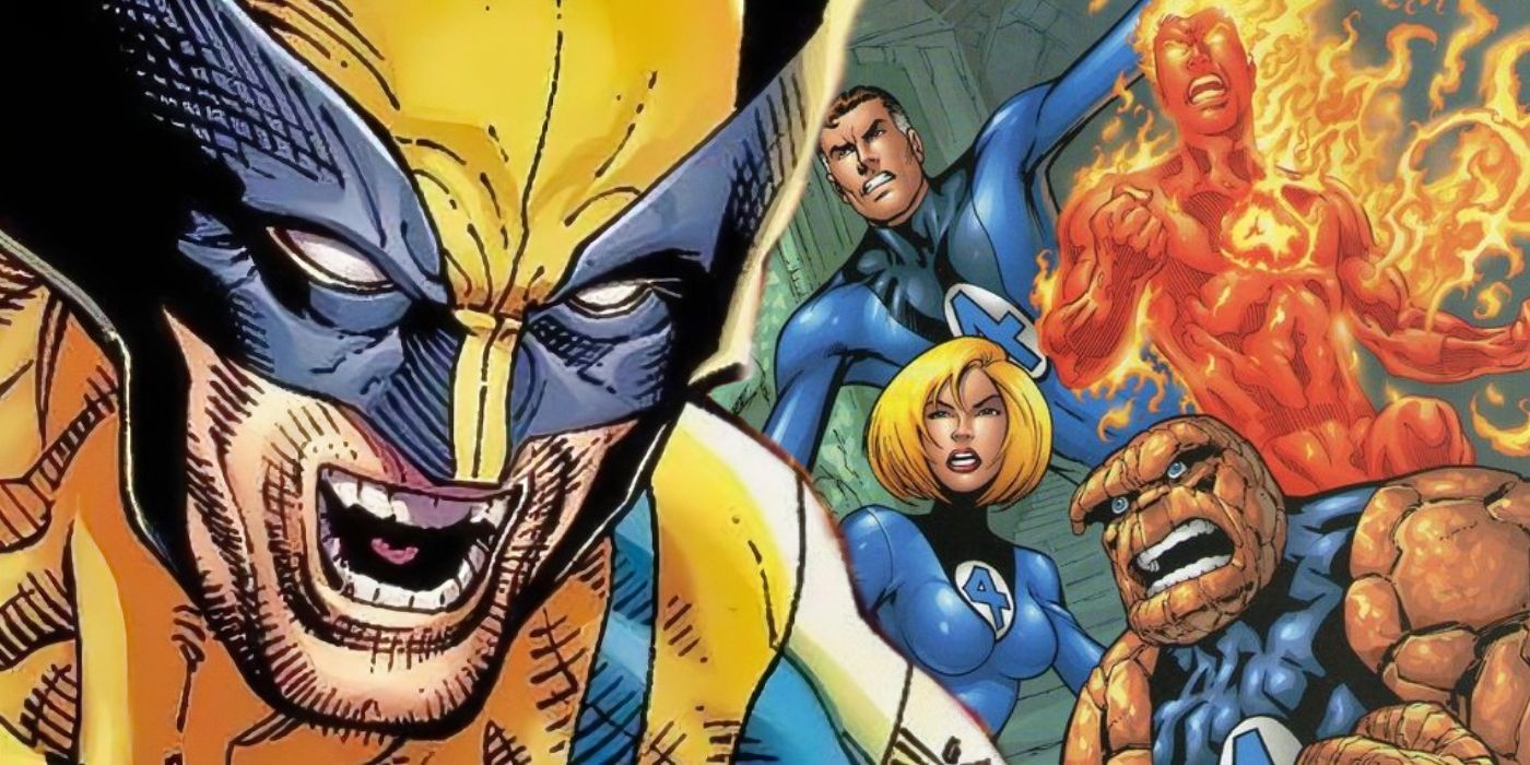 Fantastic Four and Wolverine about to attack each other.