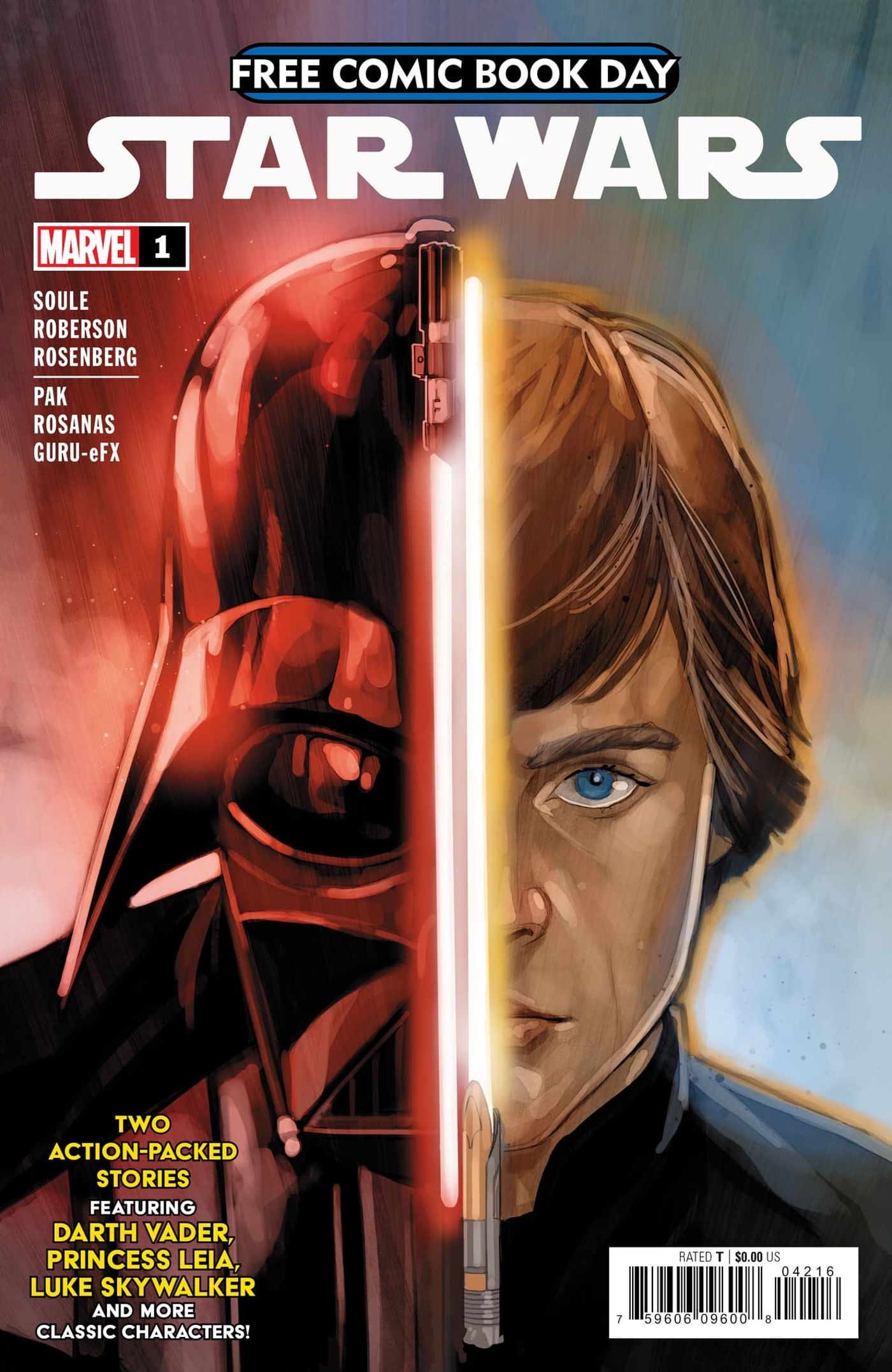 Capa gratuita do Comic Book Day Star Wars/Darth Vader #1, apresentando uma imagem dividida de Vader e Luke Skywalker, divididos por seus respectivos sabres de luz