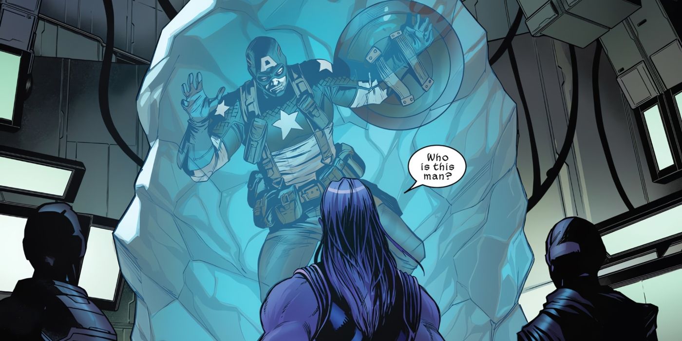 Thor, Iron Lad, and Doctor Doom looking at Captain America frozen in ice.