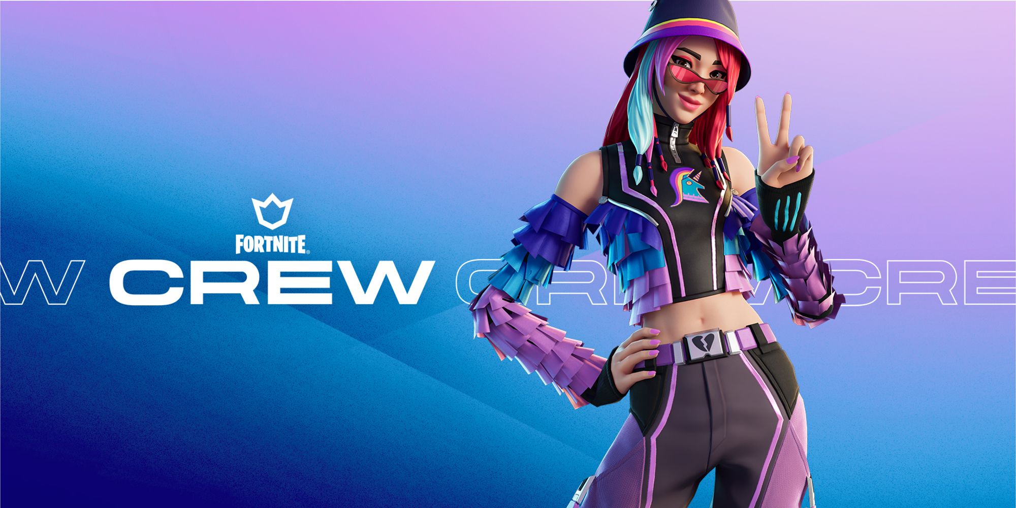 February 2024 Fortnite Crew Pack Art Featuring Lana Llane Holding Up Peace Sign On Pastel Blue And Pink Background